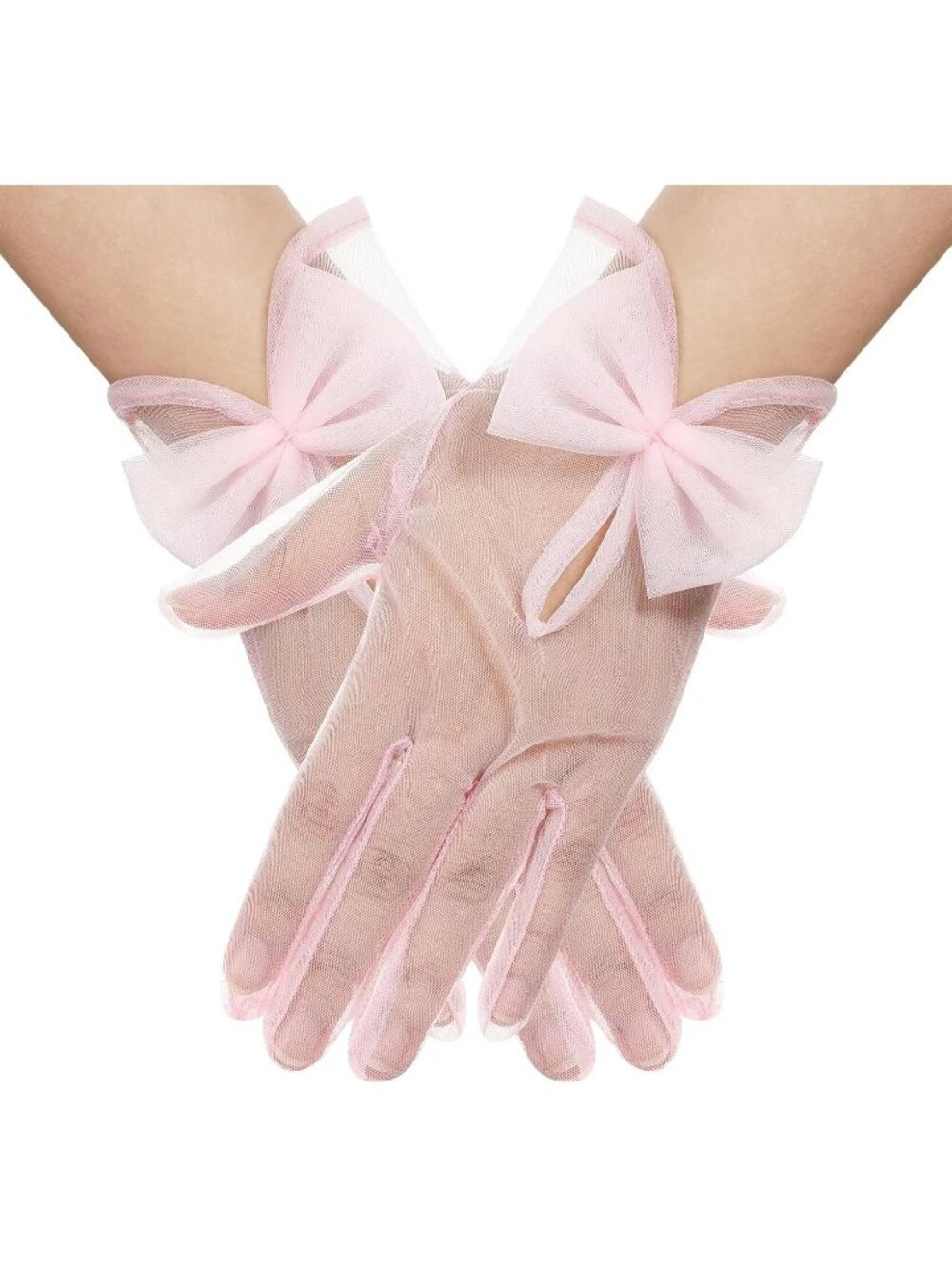 Women's Pink Short Sheer Mesh Gloves Lace Cocktail Opera Tea Party Gloves
